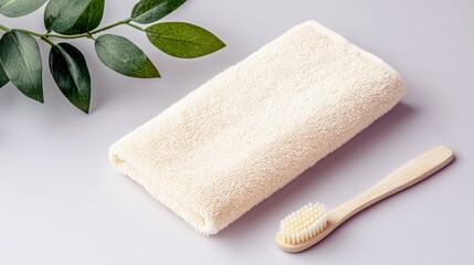 A folded cream-colored towel and a bamboo toothbrush are placed on a light gray surface, with a branch of green leaves in the upper left corner. The scene is cl