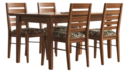 A stylish wooden dining table set with six matching chairs featuring decorative patterned upholstered seats, isolated on a transparent background. background removed