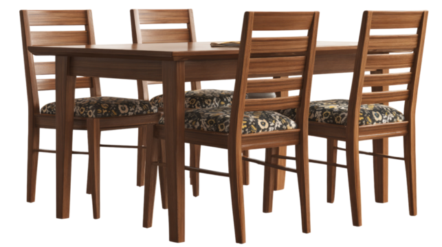 A stylish wooden dining table set with six matching chairs featuring decorative patterned upholstered seats, isolated on a transparent background. background removed