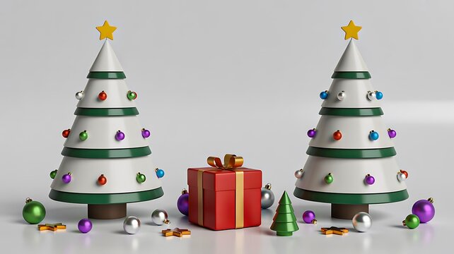 Cute 3d christmas trees with colorful ornaments and gift box on clean winter background