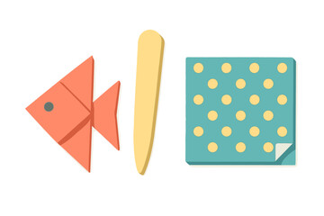 Geometric composition of a stylized fish, popsicle stick, and polka dot square
