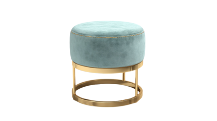 A stylish round velvet ottoman in light blue or teal, featuring subtle golden stitching and a sleek, modern golden metal base. Perfect for contemporary interiors. background removed