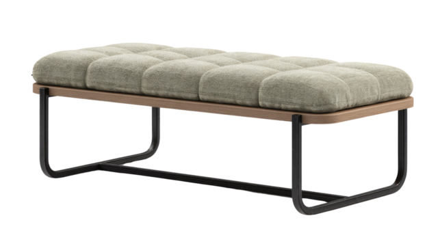 Modern tufted bench featuring a light green fabric cushion, light wood frame, and dark metal legs, presented on a transparent background. background removed - Powered by Adobe