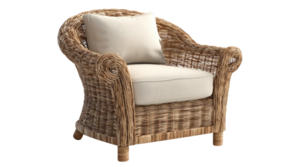 A stylish wicker armchair featuring comfortable cream-colored cushions, perfect for rustic, coastal, or indoor-outdoor decor, on a transparent background. background removed