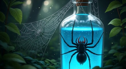 Glowing potion, spider, web