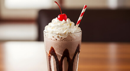 Indulge in a decadent chocolate milkshake topped with creamy whipped cream and a vibrant cherry, perfect for a sweet treat or diner classic.
