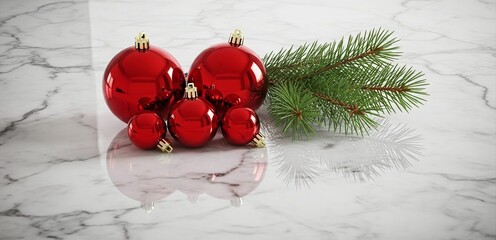 Elegant red christmas ornaments and a green pine branch beautifully arranged on a reflective white marble surface, ideal for seasonal designs