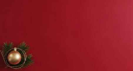 A festive golden christmas ornament nestled with green pine needles on a rich red background, perfect for holiday season greetings and celebrations