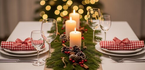 A beautifully decorated christmas dinner table setting with glowing candles, a festive evergreen garland, pinecones, and red berries, creating a warm holiday ambiance