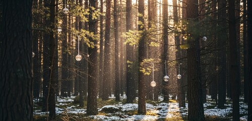 Magical winter forest scene with golden sunbeams filtering through tall trees, illuminating fresh snow and delicate decorative orbs hanging from branches