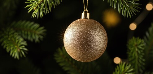A sparkling gold glitter christmas ornament hangs elegantly from a green fir tree branch, creating a festive and warm holiday atmosphere with blurred lights