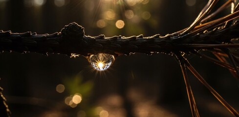 A glistening water droplet on a pine branch reflects the golden sunlight, creating a beautiful bokeh effect in a dark forest, highlighting natures delicate beauty
