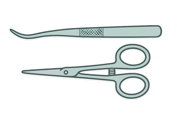 Set of stainless steel surgical instruments including curved tweezers and sharp scissors