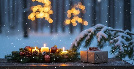 Advent wreath with lit candles and gift box on snowy wooden table, surrounded by falling snow and blurred christmas lights in a winter forest