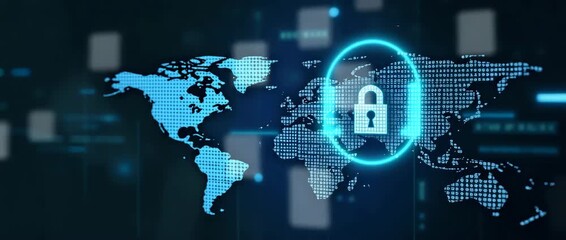 Digital world map with cybersecurity lock icon gently pulses as the camera slowly pans, depicting secure global network connections in a sleek, cinematic style. - Powered by Adobe
