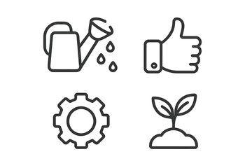 Obraz premium Watering can, thumbs up, cogwheel, and growing plant symbols for business development