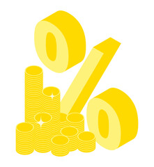 Isometric bank percent sign and a stack of shiny gold coins. Cartoon 3D vector isolated on white background