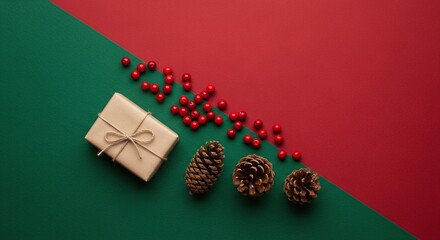 Christmas flat lay with pinecones, red berries, and a rustic gift box on a sparkling red and green glitter background, perfect for holiday season and winter