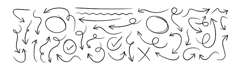 Hand drawn design elements, arrows, circles and lines. charcoal or pencil drawn punctuation marks. Hand drawn brush stroke lack ink random hand drawn scribbles set isolated on white background.