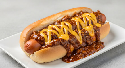 Savory chili dog generously topped with rich chili and vibrant mustard, a classic comfort food delight perfect for any appetite