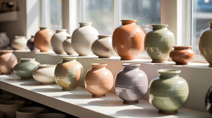 Premium pottery workshop display showing collection of hand-thrown ceramic vessels in earth tones and pastels, natural window light, gallery-quality presentation, high brightness