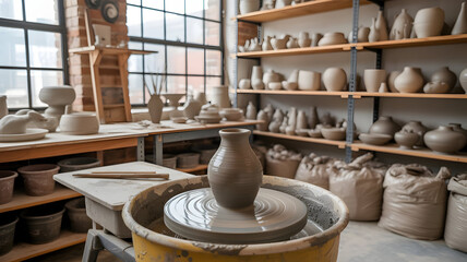 Premium artisan ceramics workshop with potter's wheel, clay storage, finished pieces displayed, natural light from industrial windows, professional workshop aesthetic, artistic production space