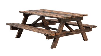 A rustic, weathered dark brown wooden picnic table with attached benches, perfect for outdoor gatherings and dining, isolated on a transparent background. background removed