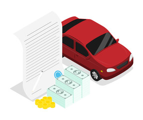 Isometric signing a car loan agreement and receiving funds for car collateral. Isolated cartoon vector concept on white background top view