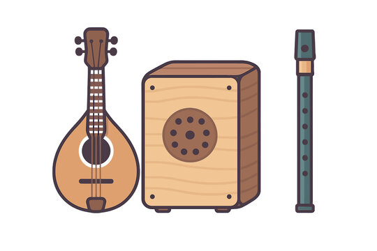 Assortment of acoustic musical instruments featuring a mandolin, cajon, and wind pipe