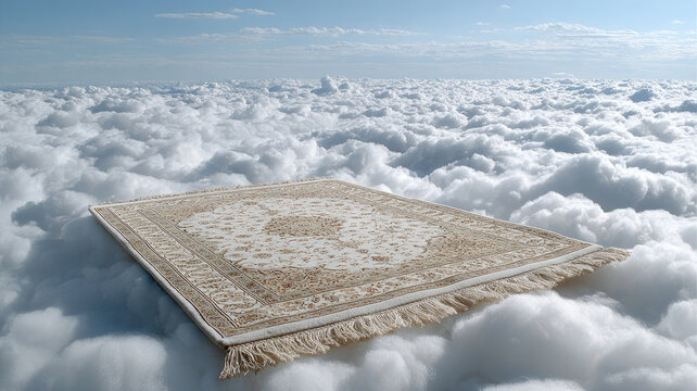 A carpet floating above fluffy clouds in a clear blue sky.