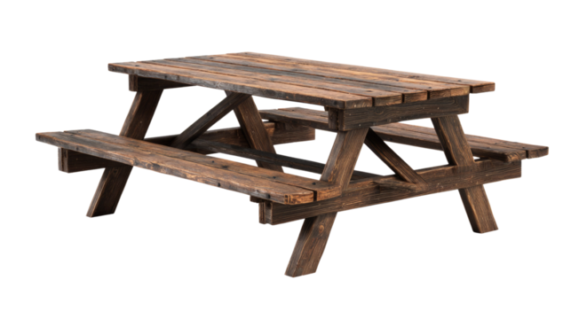A rustic, weathered dark brown wooden picnic table with attached benches, perfect for outdoor gatherings and dining, isolated on a transparent background. background removed