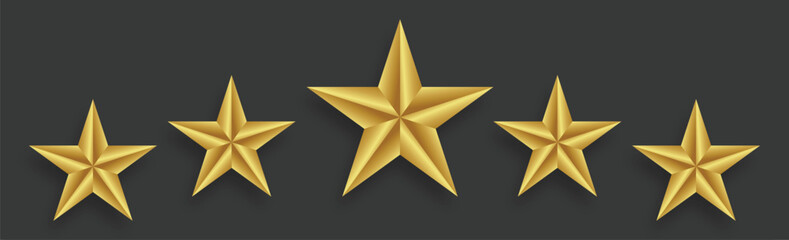 Five shiny golden 3D stars in a row on a dark grey background, representing a rating or quality score.