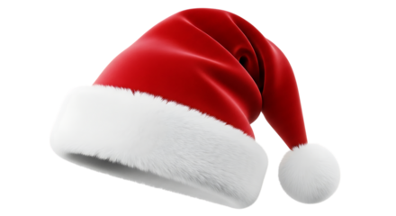 Traditional red santa hat with white fur trim and pompom, a festive symbol of christmas, isolated on transparent background
