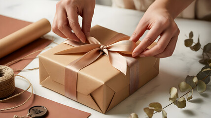 Hands carefully wrapping handcrafted gift item with premium kraft paper and silk ribbon, warm earth tones, bright even lighting, luxury gifting presentation, artisanal packaging artistry