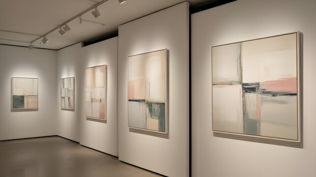 Premium gallery exhibition space with professionally lit white walls displaying curated abstract paintings, track lighting, cream and pastel artwork, sophisticated commercial gallery ambiance