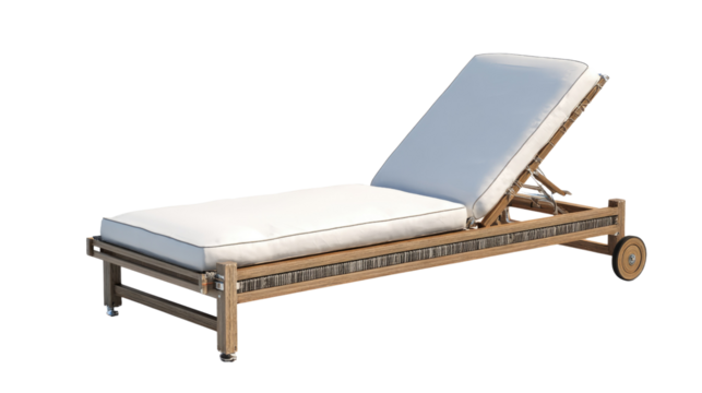 Modern outdoor chaise lounge featuring a light wood frame, white cushion, adjustable backrest, and wheels for ultimate poolside relaxation. background removed