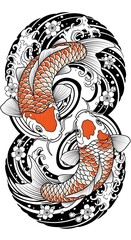 Japanese Koi Fish Tattoo Design with Waves and Cherry Blossoms &ndash; Traditional Colorful Koi Carp Illustration, Oriental Art, Yin Yang Harmony, Japanese Water and Sakura Tattoo Style