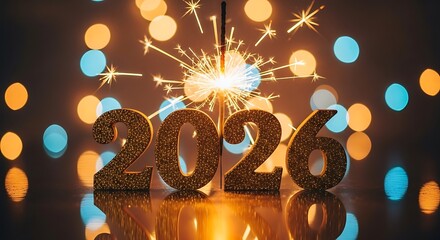 Sparkling 2026 new year celebration with bokeh lights and festive sparkler