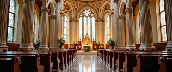 Majestic church interior with sunlight streaming through stained glass windows; camera slowly pans across ornate columns as soft shadows dance, creating a serene, cinematic atmosphere.
