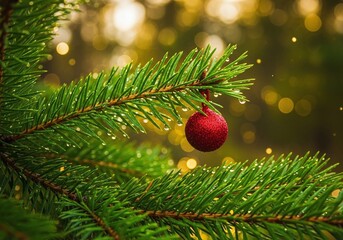 A beautiful red christmas ornament hangs on a green fir branch, sparkling with water drops, against a soft golden bokeh background, perfect for festive holidays