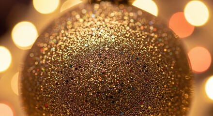 Golden glitter christmas ornament closeup, shimmering against warm, blurred bokeh lights, creating a festive and magical holiday mood