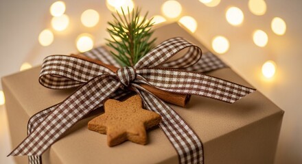 Christmas gift box wrapped in brown paper with plaid ribbon, star gingerbread cookie, pine sprig, and cinnamon, against a warm bokeh light background