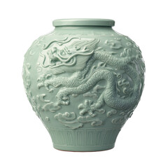 An exquisite celadon porcelain vase featuring a majestic coiled dragon amidst clouds in intricate relief on a serene light green surface. background removed