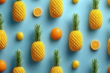 Tropical fruit pattern pineapple, orange, lemon on blue