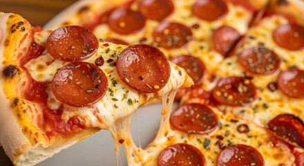 Indulge in a mouthwatering slice of pepperoni pizza with gooey melted cheese stretching luxuriously, perfect for any craving.