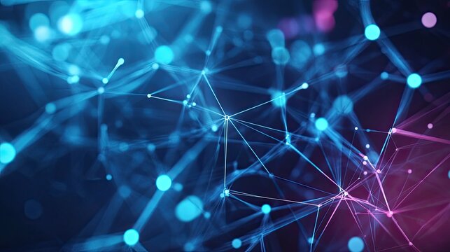 Blue network connections, dots, and lines in a dark scene