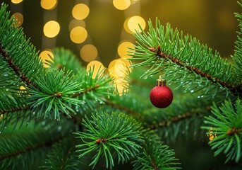 A red christmas ornament hangs on a green fir tree branch, with golden bokeh lights in the blurred background, creating a festive and warm holiday atmosphere