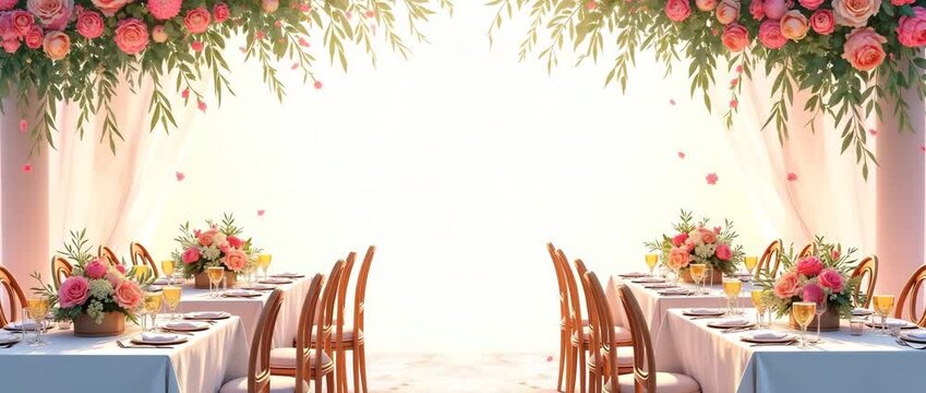 Elegant wedding reception setup with floral decorations gently swaying, as the camera slowly pans across beautifully arranged tables, creating a cinematic and romantic ambiance.