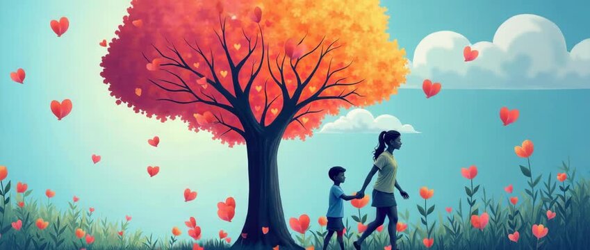 Mother and child stroll under a vibrant autumn tree as heart-shaped leaves gently fall; camera pans slowly in a whimsical, cinematic style, capturing the serene, heartwarming scene.