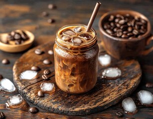 Iced coffee in jar w/ straw, on wood board and beans
